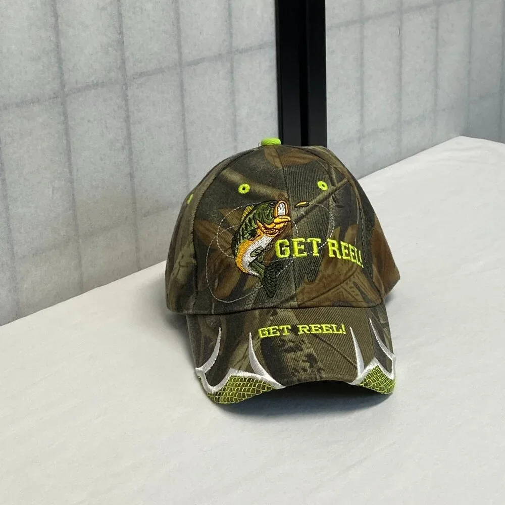 KYS Design Get Reel Embroider Fishing Cap Camouflage Leaf Pattern Baseball Hat